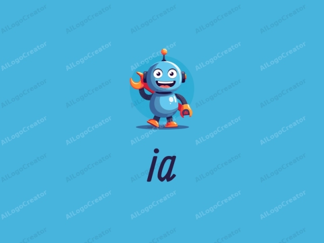 un robot juguetón con una gran sonrisa, sosteniendo una llave inglesa, situado contra un fondo azul vibrante con toques naranjas juguetones, creando un logo de ia atractivo. El diseño del robot es humorístico y llamativo, haciéndolo un logo divertido perfecto. Este diseño vibrante y dinámico es ideal para un logo de sitio web.