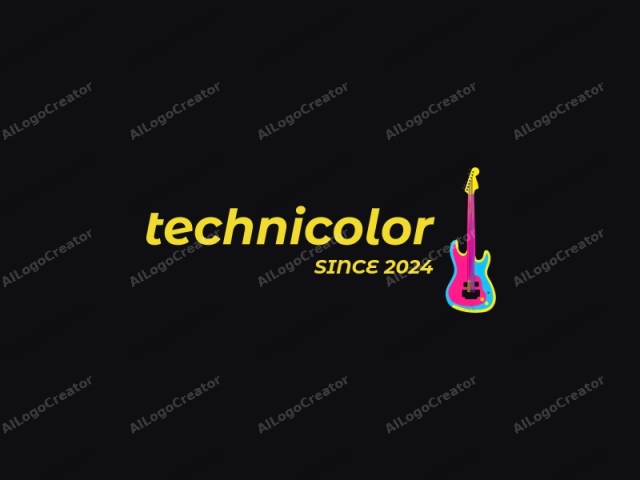 eine lebendige technicolor Gitarre mit einem dynamischen Farbausbruch, einschließlich Neonpink, Elektroblau und Hellgelb, vor einem schwarzen Hintergrund, der ein faszinierendes Bandlogo schafft. Das Logo zeichnet sich durch ein schlankes Design aus, ideal für ein Technicolor-Logo und ein Logo für einen YouTube-Kanal.