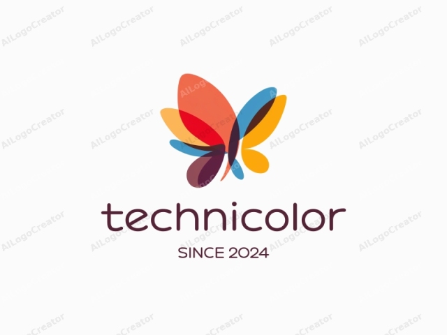 eine lebendige abstrakte Form, die einem Schmetterling ähnelt, mit einer Mischung von hellen Farben wie Rot, Blau und Gelb, als Technicolor-Logo gestaltet. Dieses abstrakte Logo zeichnet sich durch dynamische Wirbel und Kurven aus, wodurch es eine ideale Wahl für ein Logo für eine persönliche Marke ist.