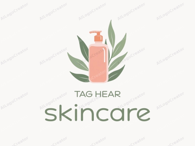 a sleek, minimalist bottle of skincare with a soft pink liquid, surrounded by delicate green leaves, elegantly designed for a skincare logo. the soft pink hue and green leaves create a harmonious balance, making it an ideal fashion logo. this design also serves as a perfect logo for personal brand, reflecting natural beauty and simplicity.