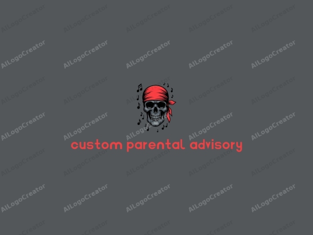 ein cooler schwarzer Schädel mit einem roten Halstuch, umgeben von musikalischen Noten auf einem dunkelgrauen Hintergrund, wodurch es zu einem perfekten Custom Parental Advisory Logo wird. Die Design des Schädels ist schick und edgy, ideal für ein cooles Logo. Darüber hinaus macht sein kraftvolles Design es zu einem herausragenden Logo für Discord.