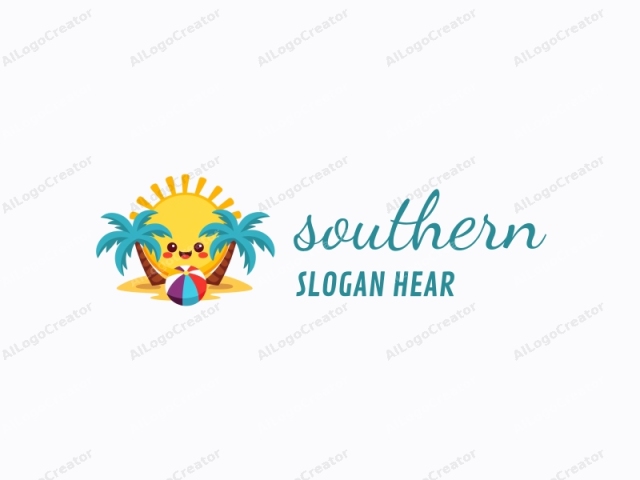 a cute cartoonish sun with a smiling face, surrounded by palm trees and a beach ball, in a warm yellow and light blue color scheme, ideal for a southern logo. the sun's rays extend playfully, making it a perfect cute logos design. the beach ball adds a fun touch, suitable for a logo for discord.