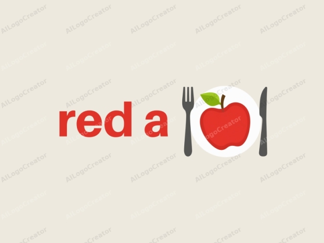 a fancy red apple with a green leaf, placed on a white plate with a fork beside it, creating a visually appealing logo for food business. the apple's vibrant red hue contrasts beautifully with the green leaf, making it a striking red a logo. this design is perfect for a fancy logo that stands out in any setting.