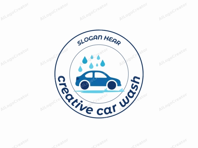 un coche simplificado con una esponja y gotas de agua, todo en un esquema de colores azul y blanco armonioso, ideal para un logotipo creativo de lavado de autos. las líneas limpias y el diseño minimalista lo hacen perfecto para logotipos simplificados, mientras que los elementos juguetones se adaptan a los logotipos de servidores de discord.