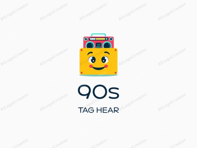 ein lebhaftes 90er-Jahre-Kassettentapen-Logo mit einem lächelnden Gesicht, das einen bunten Boombox auf dem Rücken trägt, perfekt für ein 90er-Logos-Thema. Das Design ist niedlich und verspielt, ideal für ein niedliches Logo. Dieses retro-inspirierte Design ist auch perfekt für ein Logo für eine persönliche Marke.