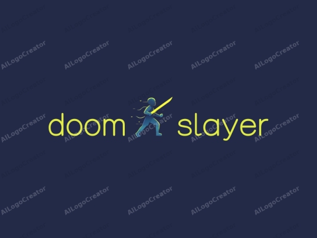 eine vereinfachte, dynamische Figur, die ein futuristisches Energieschwert führt, vor einem dunkelblauen Hintergrund mit grünen Neonstreifen, was zu einem eindrucksvollen Doom Slayer Logo führt. Dieses Design ist ideal für vereinfachte Logos und kann auch als kraftvolles Logo für das Netzwerken dienen.