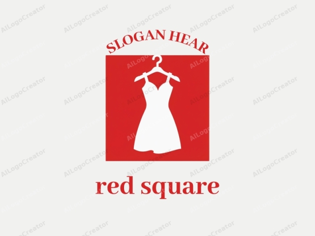 ein stilvolles rotes Quadrat mit einem minimalistischen weißen Kleid, das an einem schlanken Haken hängt, das elegante und moderne Elemente verkörpert. Dieses Design ist perfekt für ein Mode-Logo, das die Essenz eines Boutiques einfängt. Das rote Quadrat-Logo hebt sich hervor, während das weiße Kleid einen Hauch von Raffinesse hinzufügt, was es ideal für ein Logo für ein Boutique macht.