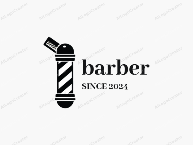 ein stilvoller Barbier-Stab mit einem schlanken Rasierapparat und Kamm, alles in einem modernen, minimalistischen Design mit einem Schwarz-Weiß-Farbschema, akzentuiert mit Silber. Perfekt für ein Barbier-Logo, dieses Design strahlt auch Eleganz aus, was es ideal für ein modisches Logo macht. Darüber hinaus dient es als ein ausgefallenes Logo für eine persönliche Marke.