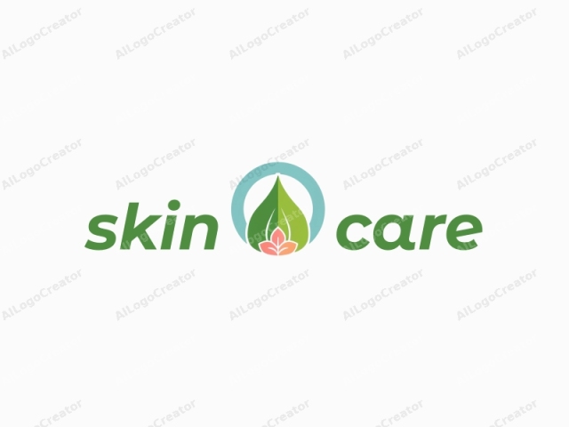 a minimalist green leaf with a soft pink flower, surrounded by a light blue circle, elegantly designed for a skincare logo. the leaf symbolizes nature and purity, while the flower adds a touch of elegance, making it perfect for a personal logo. the light blue circle enhances the overall aesthetic, ideal for logos for discord servers.