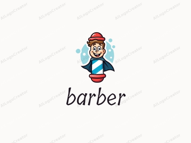 eine verspielte cartoonartige Friseurstange mit einem lächelnden Gesicht, einem Friseurumhang tragend, umgeben von spaßigen Blasen, was sie zu einem idealen Friseurlogo macht. Das Design ist sowohl lustig als auch charmant, perfekt für ein lustiges Logo. Die lebendigen Farben und verspielten Elemente machen es zu einem herausragenden Logo für Twitch.