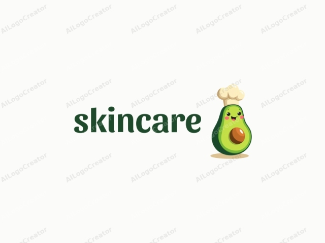 un aguacate de dibujos animados lindo con una cara sonriente, llevando un pequeño sombrero de chef, en un esquema de colores verde y blanco, ideal para un logotipo de cuidado de la piel. La expresión alegre del aguacate y el sombrero de chef lo hacen perfecto para un logotipo lindo. Este diseño encantador también es una excelente opción para un logotipo de negocios de alimentos.