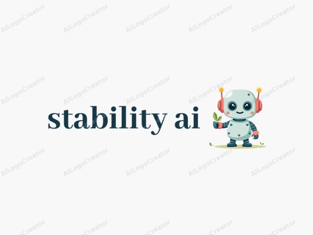 a cute robot with big eyes and a friendly smile, holding a small plant in its hand, with a soft pastel color palette, designed for stability ai logo. the robot's expression and colors make it perfect for a cute logo, while the minimalist design is ideal for a logo for personal brand.
