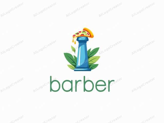 ein cooler blauer Friseurmast mit einer Pizza-Scheibe oben, umgeben von grünen Blättern, das ein einzigartiges Friseursymbol schafft. Die lebendigen Farben und der verspielte Entwurf machen es zu einem perfekten coolen Logo, während die Einbeziehung von Lebensmittel-Elementen es zu einem idealen Logo für Lebensmittelunternehmen macht.