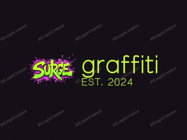 ein lebendiges abstraktes Graffiti-Muster mit Spritzer Neongrün und Lila auf einem schwarzen Hintergrund, nahtlos verschmelzend Graffiti-Logos, abstrakte Logos und Logos für Discord-Server in ein dynamisches und auffälliges Design.