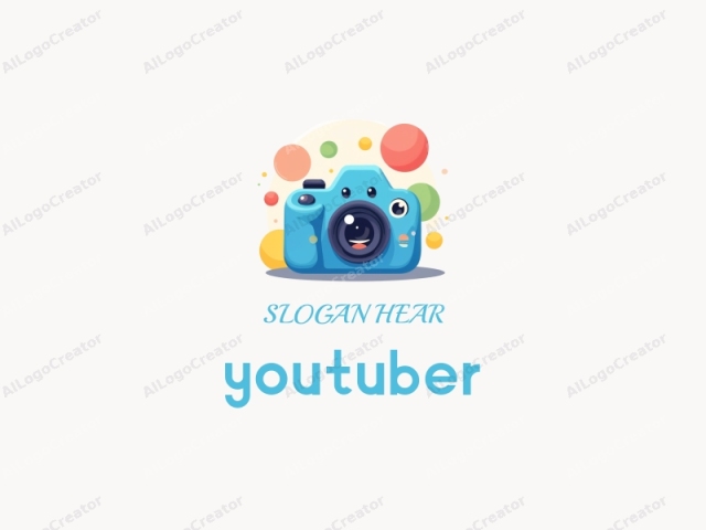 eine niedliche karikaturhafte Kamera mit großen Augen und einem lächelnden Mund, umgeben von bunten Blasen, perfekt für Youtuber-Logos. Das spielerische Design ist ideal für ein niedliches Logo, während die lebendigen Blasen einen dynamischen Touch hinzufügen, geeignet für ein Logo für Websites.