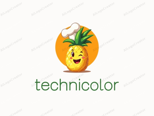 Eine verspielte, karikaturhafte Ananas trägt einen Kochmütze, strahlend grüne Blätter und einen hellgelben Körper, auf einem fröhlichen orangefarbenen Hintergrund, was es zu einem perfekten technicolor Logo macht. Das Design ist sowohl ein lustiges Logo als auch ideal für ein Logo für ein Lebensmittelgeschäft.