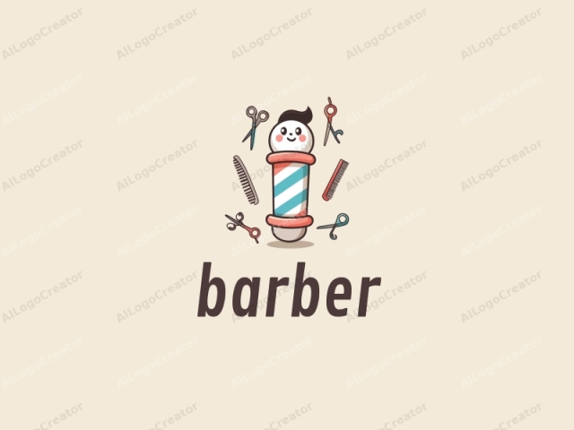 eine niedliche Cartoon-Barber-Pole mit einem lächelnden Gesicht, umgeben von kleinen Scheren und Kämmen, alle in Pastellfarben, die ein charmantes Barber-Logo schaffen. Das Design ist perfekt für ein niedliches Logo und kann leicht für ein Logo für Instagram-Profil angepasst werden.