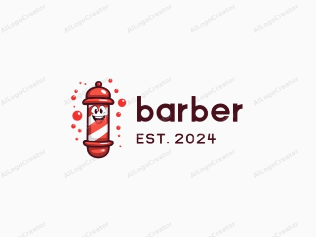 Ein karikaturhafter Barbier-Pole mit einem lächelnden Gesicht, einem winzigen Hut tragend, umgeben von spaßigen Blasen, das Erstellen eines lustigen und ansprechenden Logos. Das Design ist perfekt für Barbier-Logos, fügt dem lustigen Logo einen humorvollen Touch hinzu und macht es zu einem idealen Logo für Websites.