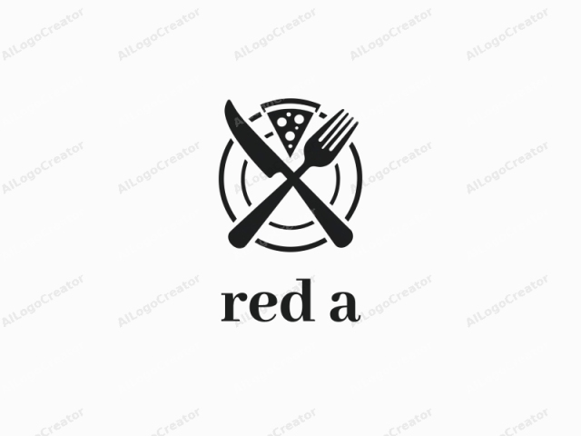 a sleek black and red fork and knife crossed over a plate with a slice of pizza, creating a modern and eye-catching design. this logo is perfect for a food business, with the red a logo element adding a vibrant touch. the cool logo features a minimalist approach, making it versatile and memorable. ideal for a logo for food business, it combines style and functionality seamlessly.