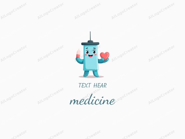 a cute cartoon syringe with a smiling face, holding a small heart-shaped pill, in a playful, friendly style, with a soft pastel color palette of light blue and pink, ideal for a medicine logo. the syringe's design is charming and inviting, making it perfect for cute logos. its whimsical appearance also makes it a delightful choice for logos for discord.