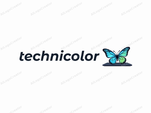 ein lebendiger technicolor-Schmetterling mit kühlen blauen und elektrisch grünen Flügeln, ruhend auf einem schlanken schwarzen Laptop, der ein faszinierendes technicolor-Logo erschafft. Die Flügel des Schmetterlings schimmern mit einer coolen Logo-Vibe, während der Laptop-Bildschirm dynamische Logos für YouTube-Design anzeigt.