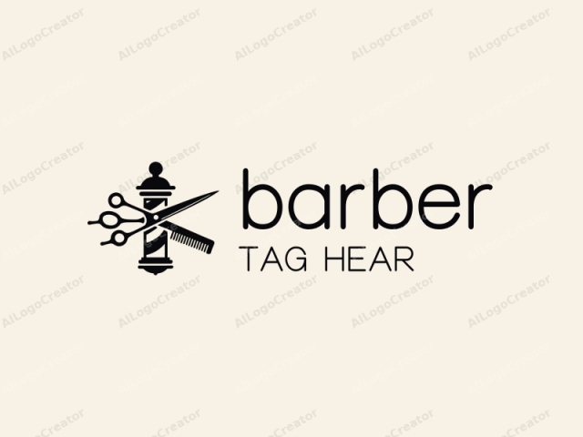 ein minimalistisches Design mit einem Paar Scheren und einem Kamm, die über einer Barbierstange gekreuzt sind, alles in kräftigen Linien, perfekt für ein Barbier-Logo. Die Kombination aus scharfen und sanften Elementen schafft einen beeindruckenden visuellen Eindruck, ideal für vereinfachte Logos. Dieses vielseitige Design funktioniert auch gut als Logo für Networking.