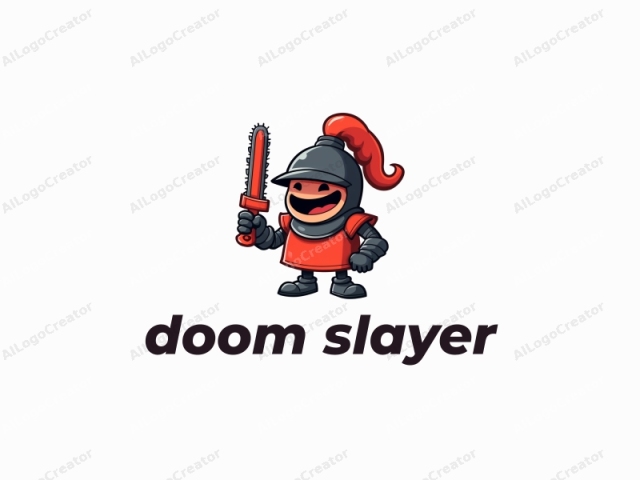 ein lebhafter, karikaturhafter Ritterhelm mit einem albernen Lächeln, der eine winzige Kettensäge hält, in roten und schwarzen Farben, um einen einzigartigen Doom Slayer-Logo zu schaffen. Das spielerische Design eignet sich auch gut als lustiger Logo, während der persönliche Touch es ideal für ein Logo für eine persönliche Marke macht.