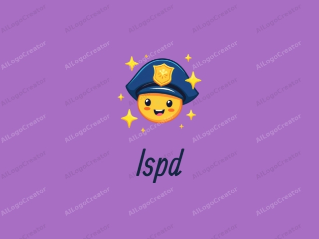 a cartoonish police hat with a smiley face, sitting on a purple background with playful yellow stars, creating a fun and engaging lspd logo. the design is perfect for a funny logo, and its vibrant colors make it an ideal choice for logos for twitch.
