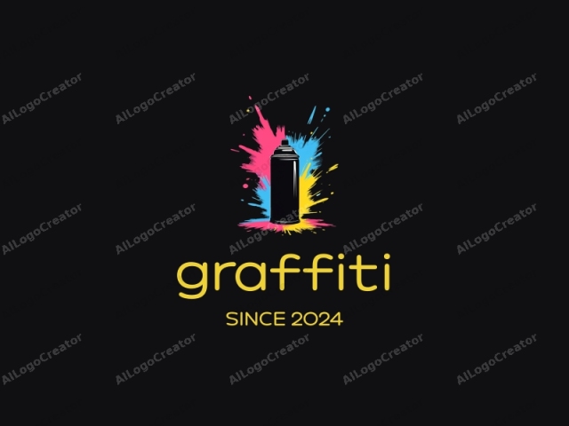 ein lebendiges Graffiti-Stil-Sprühbehälter-Logo mit bunten Spritzern auf einem schwarzen Hintergrund, ideal für ein cooles Logo. Der Sprühbehälter ist mit stylischen Tags verziert, was ihn perfekt für Logotags für Kleidung macht. Das dynamische Design erfasst die Essenz von Graffiti-Logos.