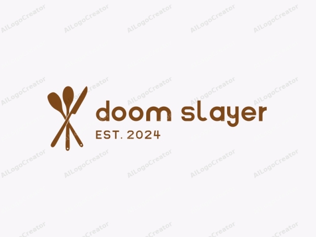 eine rustikale Holzlöffel, der mit einem robusten Messer verflochten ist, beide aus natürlichem Holz geschnitzt, mit einem warmen braun-beigen Farbschema. Perfekt für ein Doom Slayer Logo, Handgemachtes Logo und Logo für ein Lebensmittelgeschäft, das den Geist des Handwerks und der kulinarischen Exzellenz einfängt.