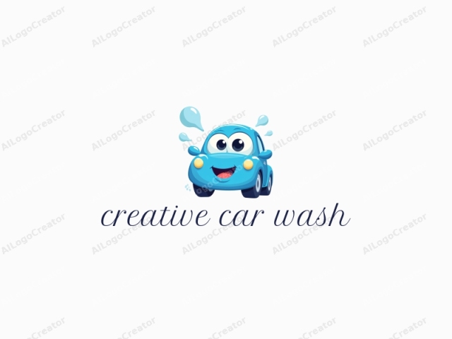 Un lindo auto de dibujos animados con ojos grandes y una cara sonriente, salpicando agua de una manguera, en un esquema de colores azul y blanco vibrante y juguetón, ideal para un logotipo creativo de lavado de autos. El diseño también es perfecto para logotipos lindos y se puede adaptar para un logotipo de canal de YouTube.