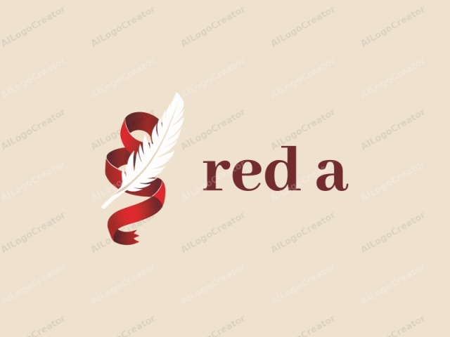 a handcrafted red ribbon intertwined with a stylized white feather, set against a soft beige background, creating a unique handmade logo. the vibrant red contrasts beautifully with the feather, making it an ideal logo for website. the intricate design is perfect for a red a logo, capturing attention effortlessly.