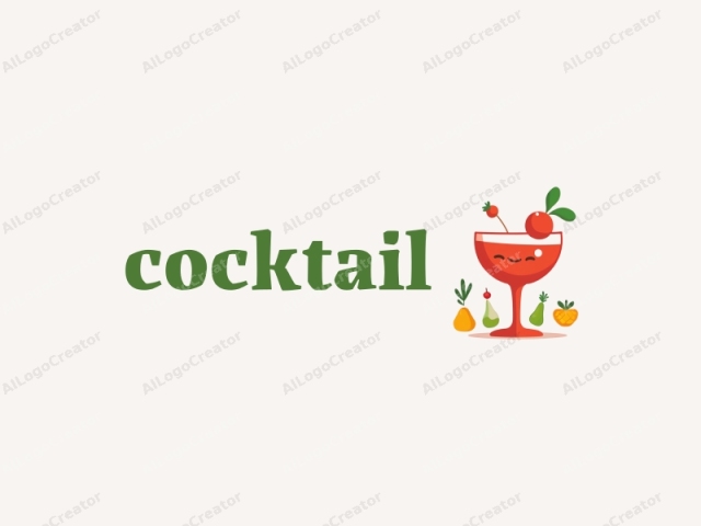 un pequeño vaso de cóctel lindo con una cereza en la parte superior, rodeado de pequeños iconos de comida como frutas y vegetales, todo en un esquema de colores juguetón y vibrante. este diseño es perfecto para un logo de cóctel, con un logo lindo enfocado en un logo para negocios de comida.