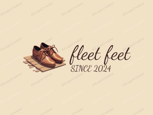 ein minimalistisches Design, das ein Paar braune Lederhalbschuhe mit gebundenen Schleifen auf einem Holztisch und einem weichen beige-Hintergrund zeigt. Dieses elegante Konzept ist perfekt für ein Fleet Feet Logo, das Handwerkskunst für ein handgemachtes Logo zeigt und eine Note von Raffinesse für ein Logo für einen Blog hinzufügt.