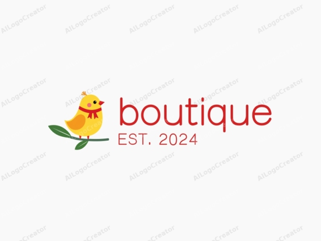 Ein süßer gelber Vogel mit einem kleinen roten Bogen, der auf einem grünen Ast sitzt, entworfen für eine Boutique-Logosammlung. Die ausdrucksstarken Augen und weichen Federn machen ihn zu einem perfekten süßen Logo. Dieses charmante Design ist auch ideal für Logos für Discord-Server und fügt ihnen einen Hauch von Witz und Persönlichkeit hinzu.