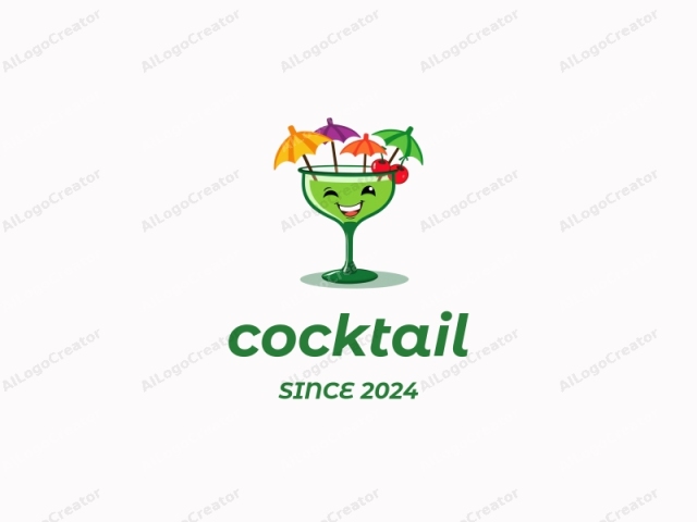 un vaso de martini verde caricaturesco con una cara sonriente, rodeado de sombrillas y cerezas de cóctel coloridas, lo que lo convierte en un logotipo de cóctel perfecto. El diseño juguetón es ideal para un logotipo divertido, mientras que los colores vibrantes y los elementos caprichosos son perfectos para un logotipo de marca personal.