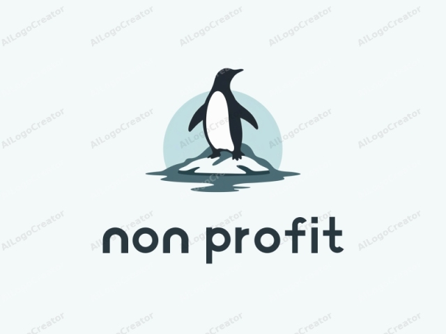 ein elegantes schwarz-weißes Pinguin-Logo, das auf einem Eisberg steht, mit einem subtilen Blauton im Hintergrund, strahlt ein kühles Logovibes aus. Dieses minimalistische Design ist perfekt für ein Non-Profit-Logo und ist gleichzeitig vielseitig genug für Logos für Discord-Server.