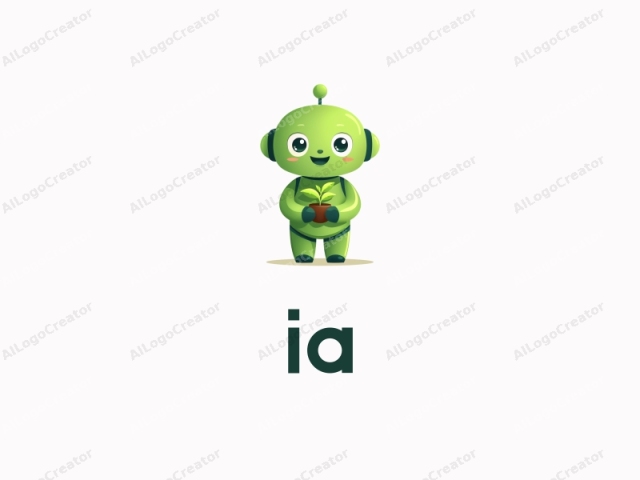 un robot tierno con grandes ojos y una sonrisa amistosa, sosteniendo una pequeña planta en sus manos, diseñado como un logotipo ia. las características del robot son suaves y encantadoras, lo que lo convierte en el logotipo tierno perfecto. ideal para un logotipo de marca personal, irradia calidez y accesibilidad.