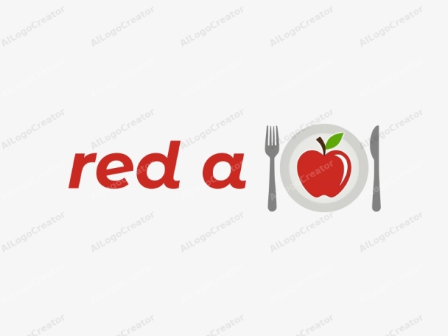 a sleek red apple with a green leaf, placed on a white plate with a fork and knife, creating a cool logo. the apple's vibrant red hue stands out, making it a perfect logo for food business. the minimalist design ensures it remains a versatile and eye-catching red a logo.