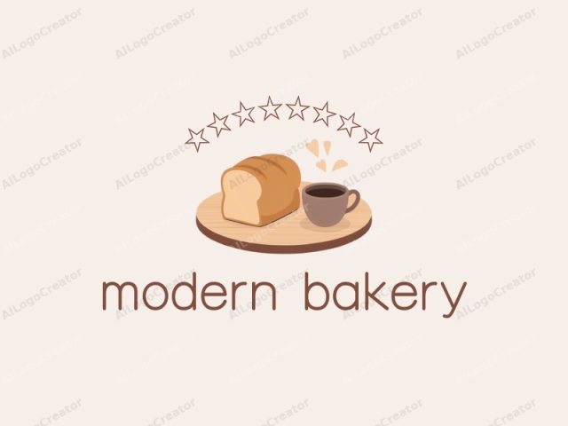 eine minimalistische moderne Bäckerei mit einem kleinen Laib Brot und einer Tasse Kaffee auf einem Holztisch, persönlicher Logostil, weiche Pastellfarben mit einem Hauch warmen Beiges. Das Design zeichnet sich durch ein einfaches, aber elegantes Layout aus, perfekt für ein modernes Bäckerielogo. Die Verwendung von weichen Pastellfarben und warmem Beige fügt einen gemütlichen Touch hinzu, wodurch es ideal für ein persönliches Logo ist. Der kleine Laib Brot und die Tasse Kaffee symbolisieren die Angebote der Bäckerei, wodurch es ein großartiges Logo für ein Boutiquelogo ist.