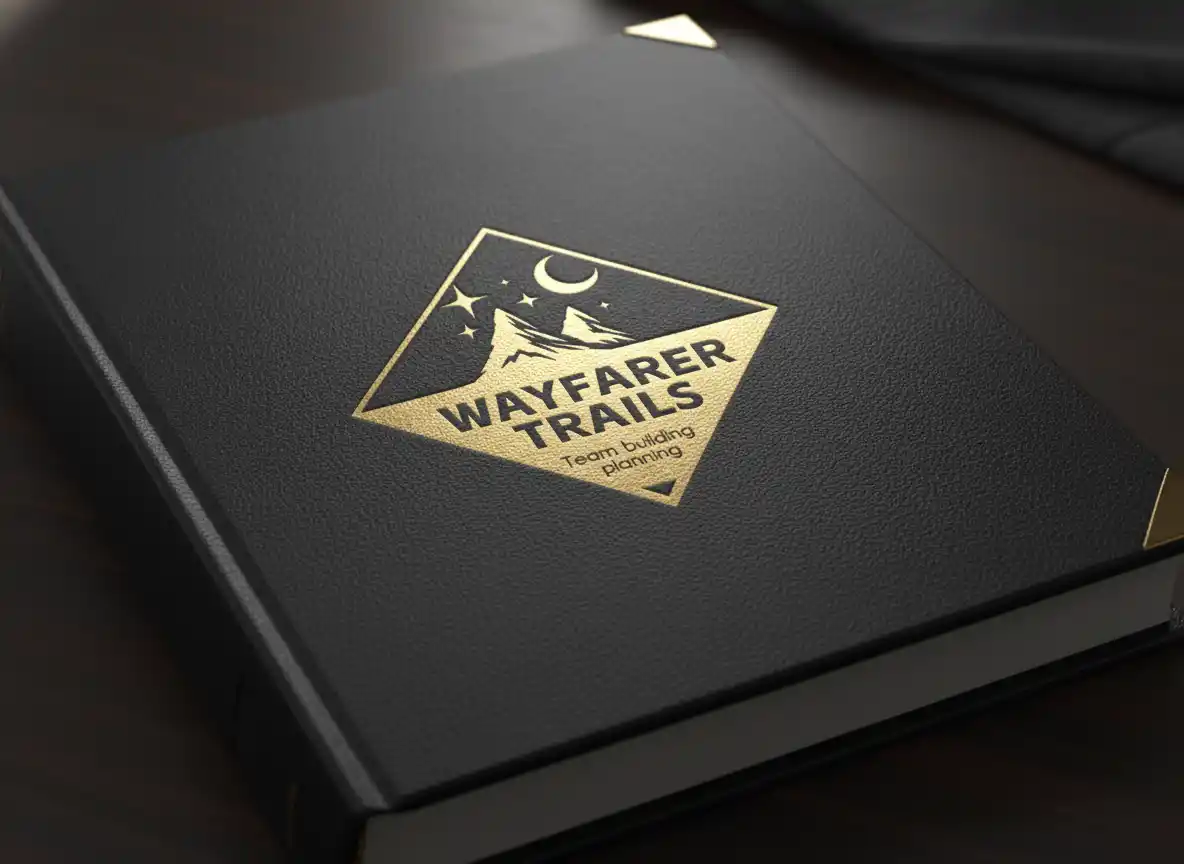 Unique Brand Kit(nano banana pro)-Luxurious gold-foil emblem of mountains under a crescent moon, embossed on black leather cover for team-building adventures.