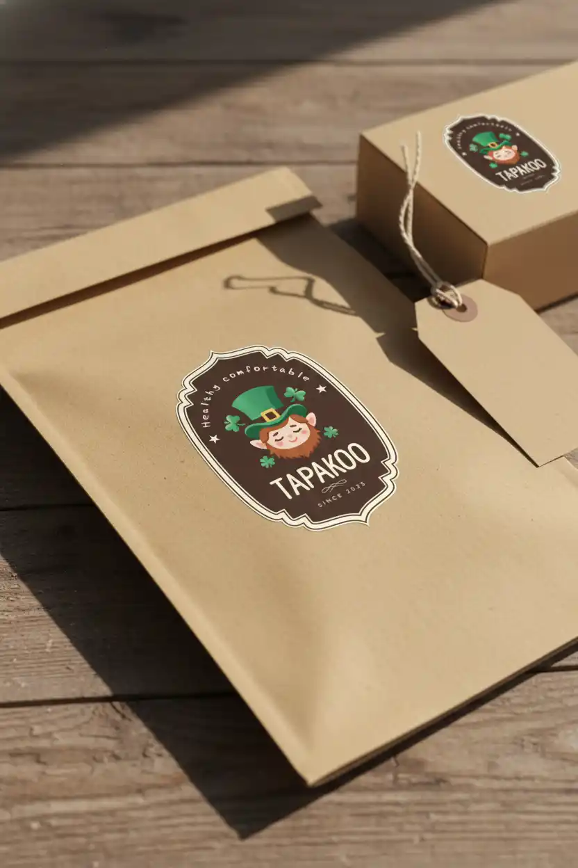 Unique Brand Kit(nano banana pro)-Whimsical Leprechaun Crest on Kraft Packaging: A Vintage Green Hat Logo for Tapakoo Brand, Festive and Friendly