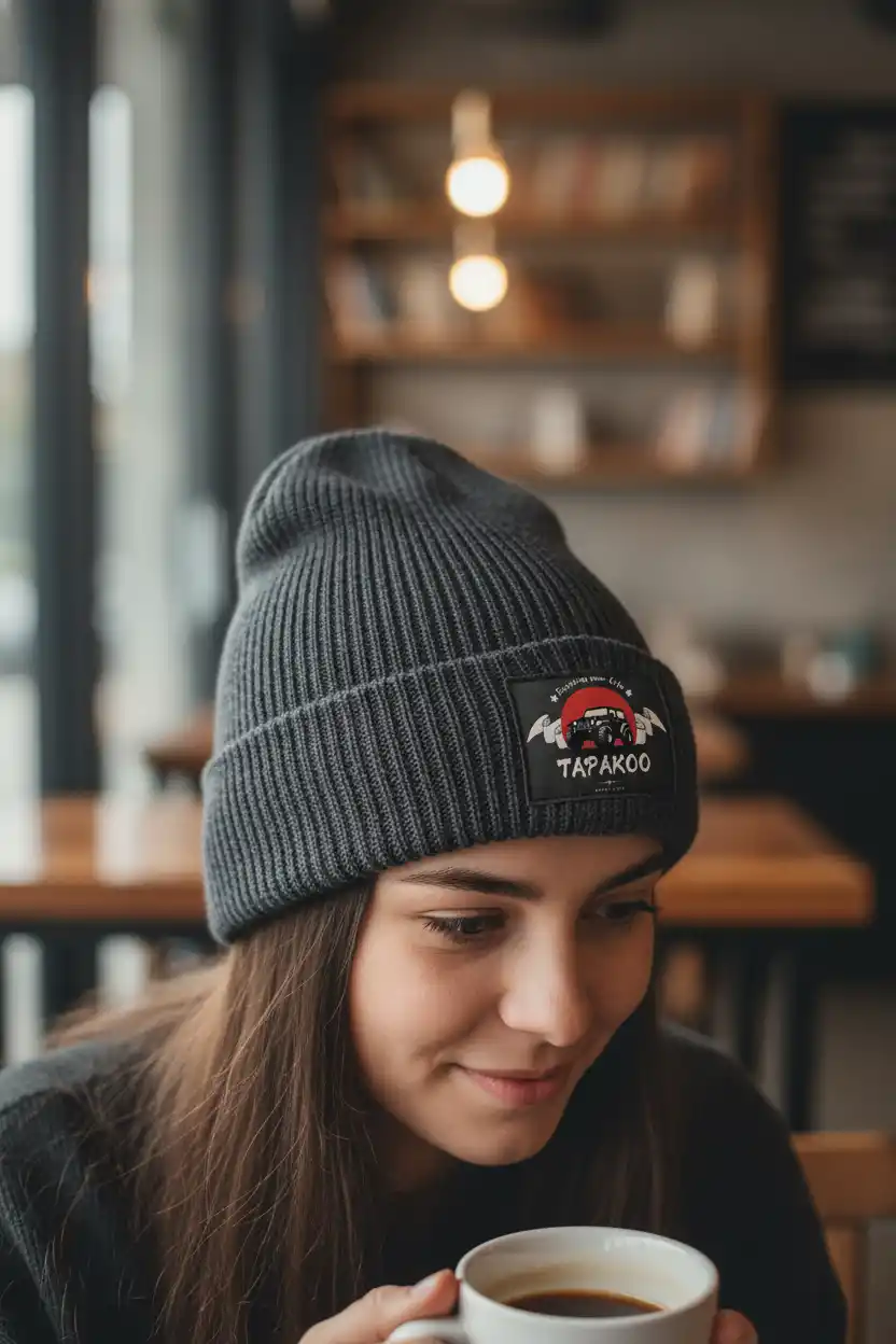Unique Brand Kit(nano banana pro)-Cozy Urban Café Portrait with Tapakoo Beanie Patch and Warm Lighting, highlighting textures, mood, and soft bokeh.