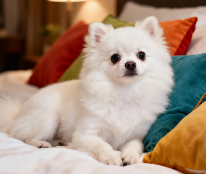 A fluffy white Pomeranian in holiday attire relaxing amid cozy, festive decor and warm lights