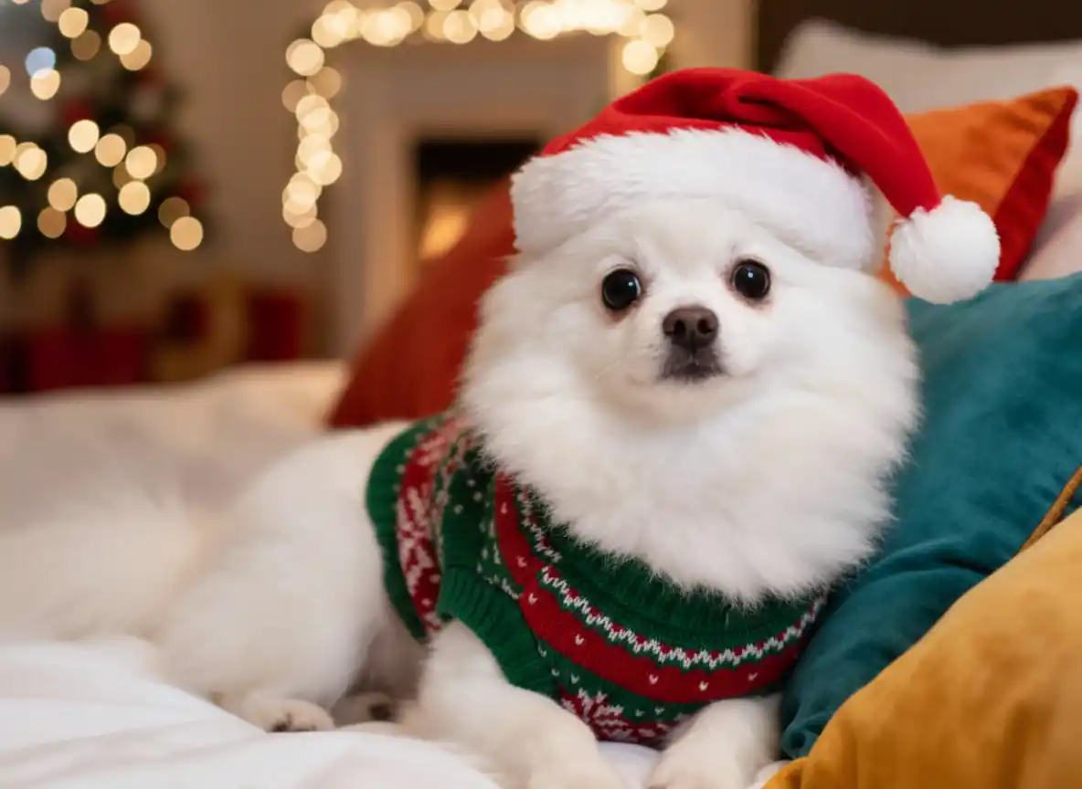 Image to image-A fluffy white Pomeranian in holiday attire relaxing amid cozy, festive decor and warm lights
