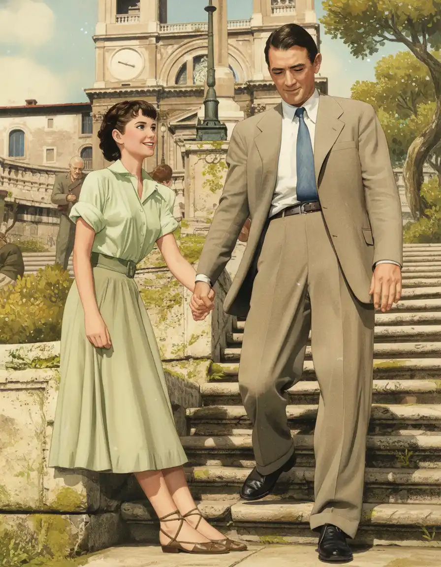Ghibli Al Generator-A Timeless Moment: A Couple Strolls Hand-in-Hand Down Sunlit Steps Before a Grand Italian Cathedral