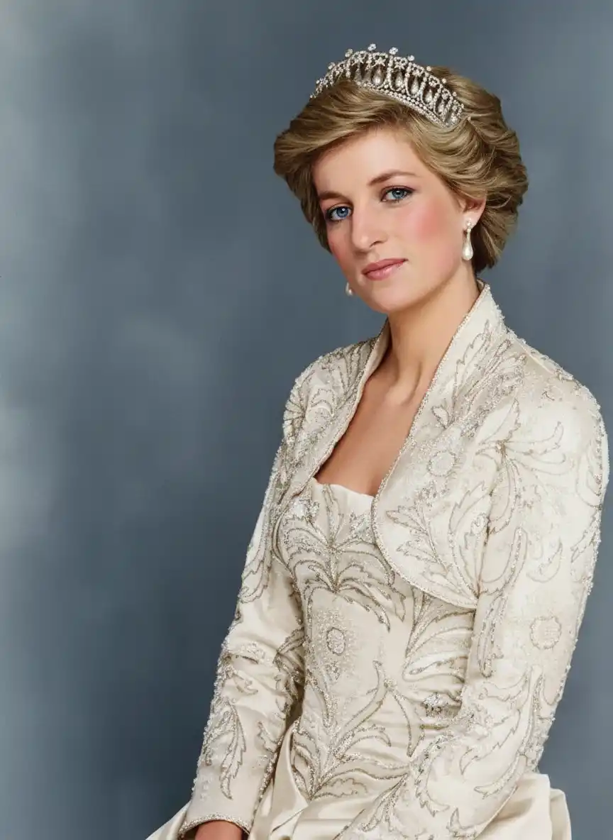 Photo Restoration-Timeless Royal Elegance: A Portrait of a Woman in Ivory Embroidery and a Sparkling Tiara.