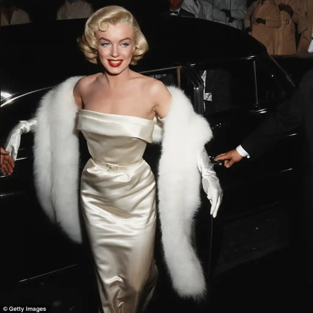 Photo Restoration-A Vintage Hollywood Moment: A glamorous blonde icon in satin gown and fur stole stepping from a classic black car.