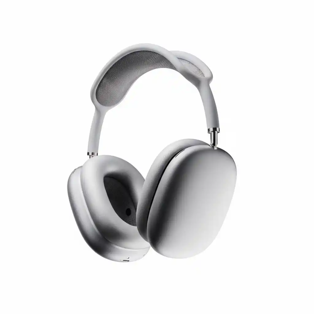 White Background-A sleek, premium over-ear headphone design in silver and white with minimal branding and futuristic, lightweight aesthetics.