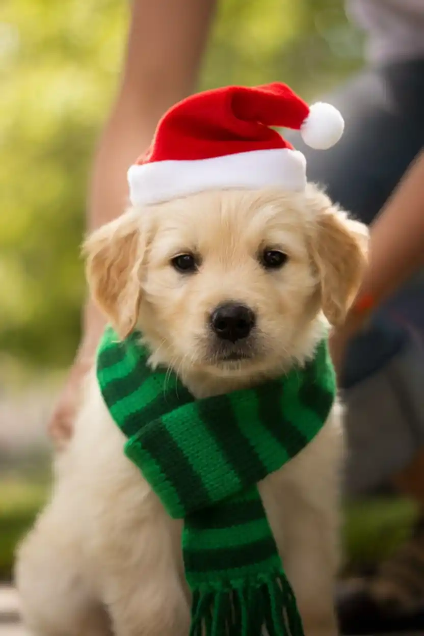 Fun Pet Portrait Photography-Festive Golden Retriever Puppy in Santa Hat and Green Scarf: A Warm Outdoor Holiday Portrait